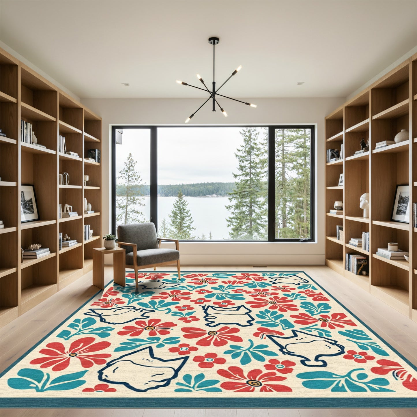 Red Teal Whimsical Floral Cat Collage Rug