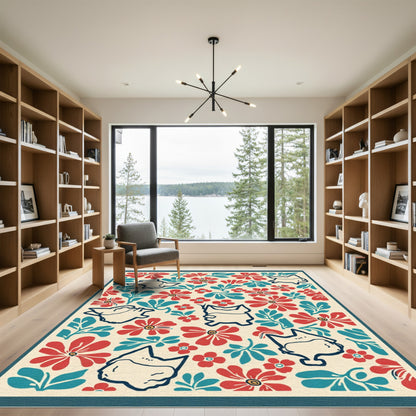 Red Teal Whimsical Floral Cat Collage Rug