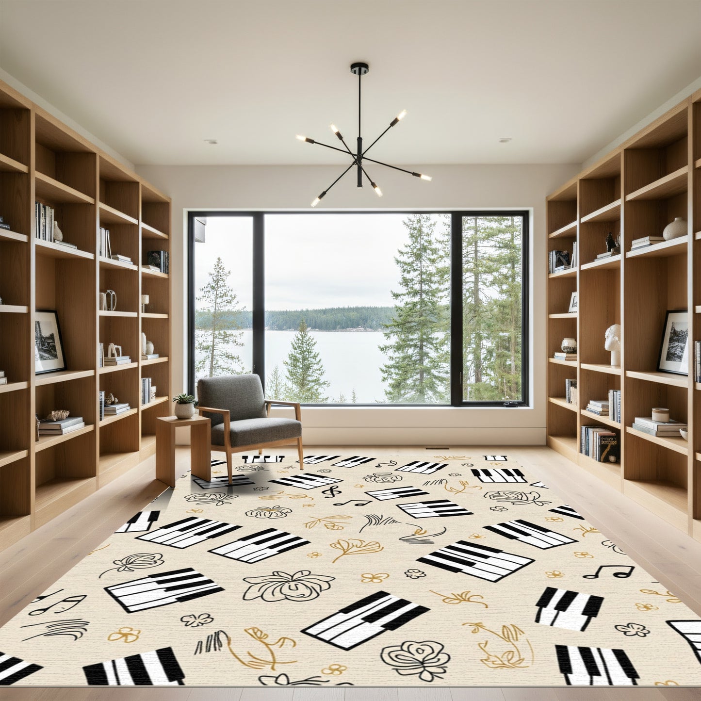 Beige Piano Keys Floral Music Notes Rug
