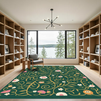 Whimsical Green Gold Floral Creature Rug