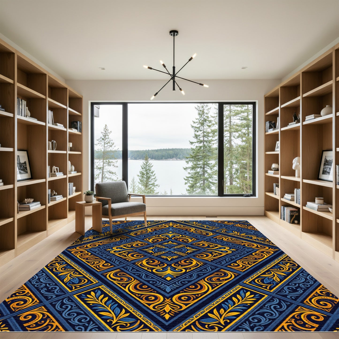 Luxe Navy and Gold Geometric Damask Rug