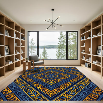 Luxe Navy and Gold Geometric Damask Rug