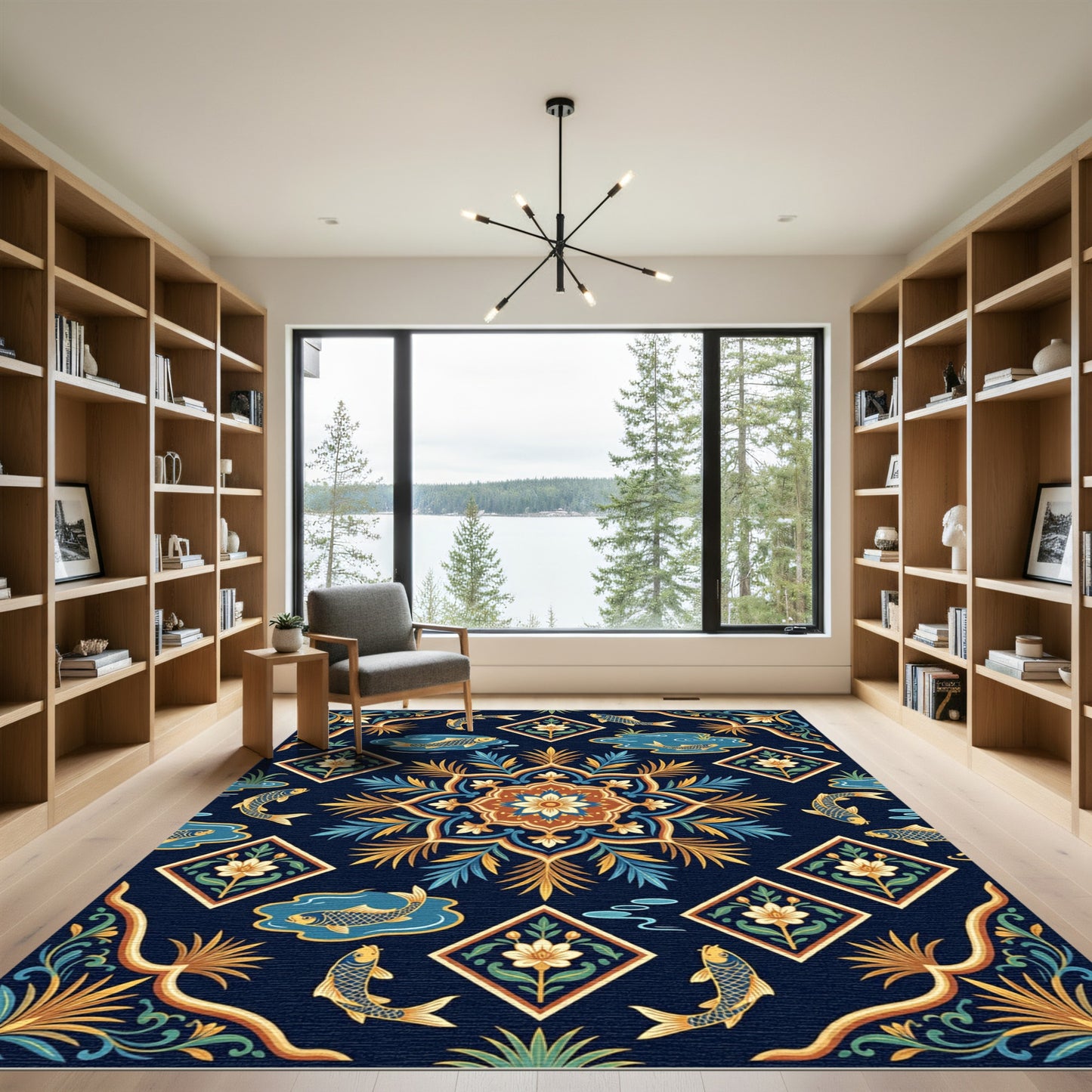 Navy Golden Koi Floral Medallion Rug