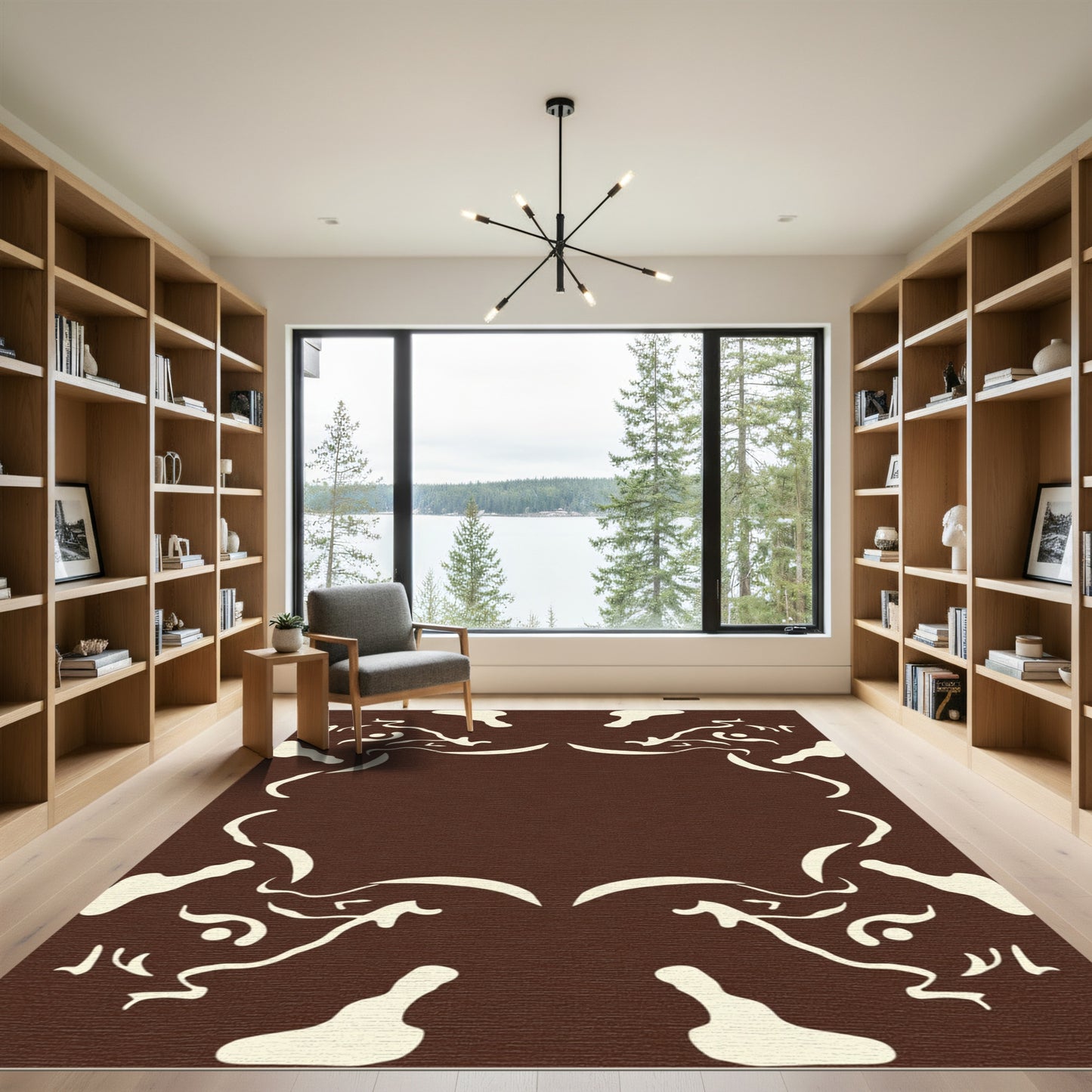 Cream Abstract Swirls on Brown Field Rug
