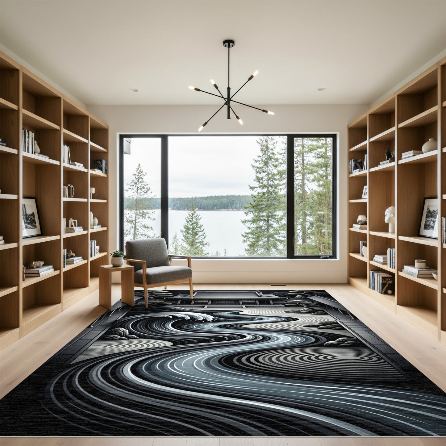 Monochromatic Zen Garden River Wave Rug