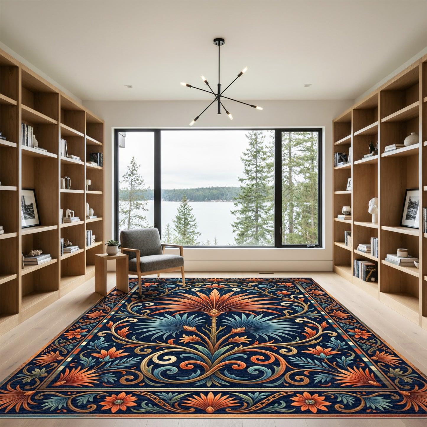 Ornate Blue Orange Floral Lattice Rug