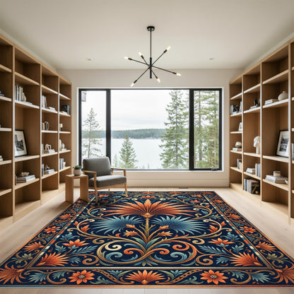 Ornate Blue Orange Floral Lattice Rug