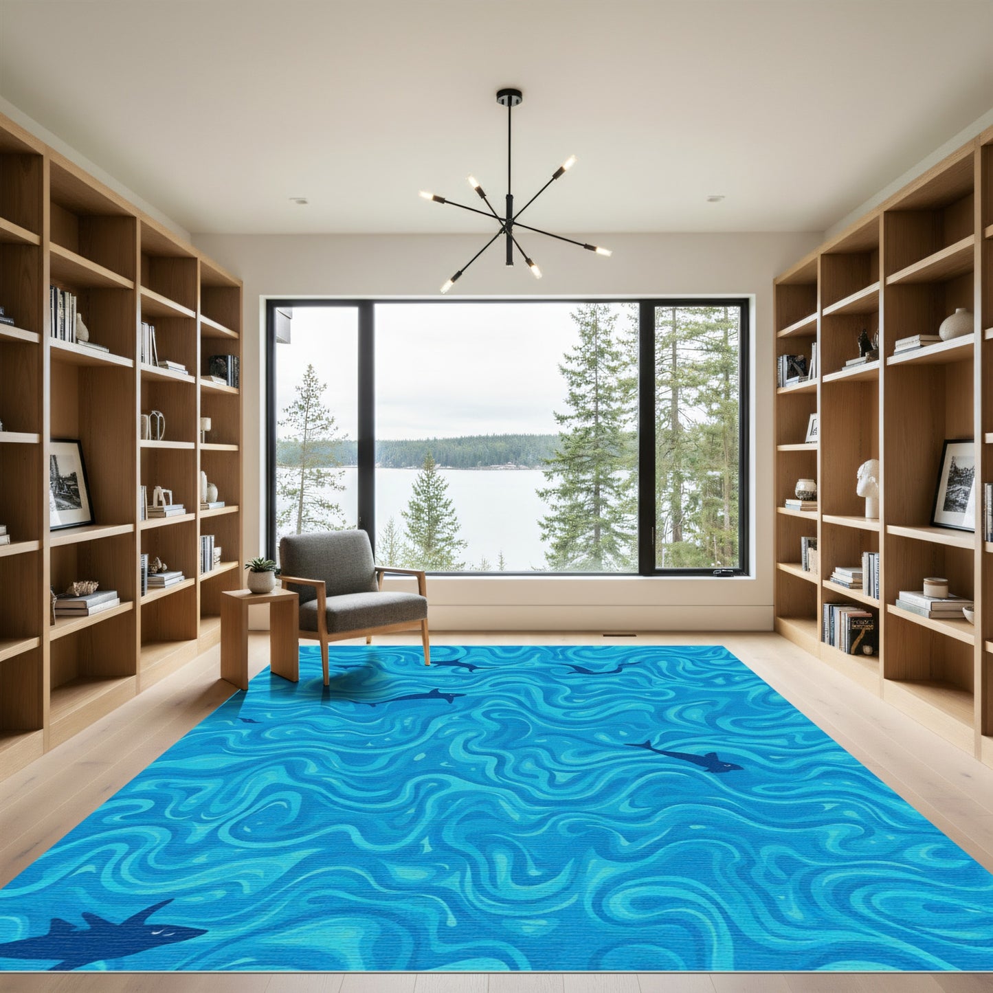 Deep Blue Shark School Swirl Wave Rug