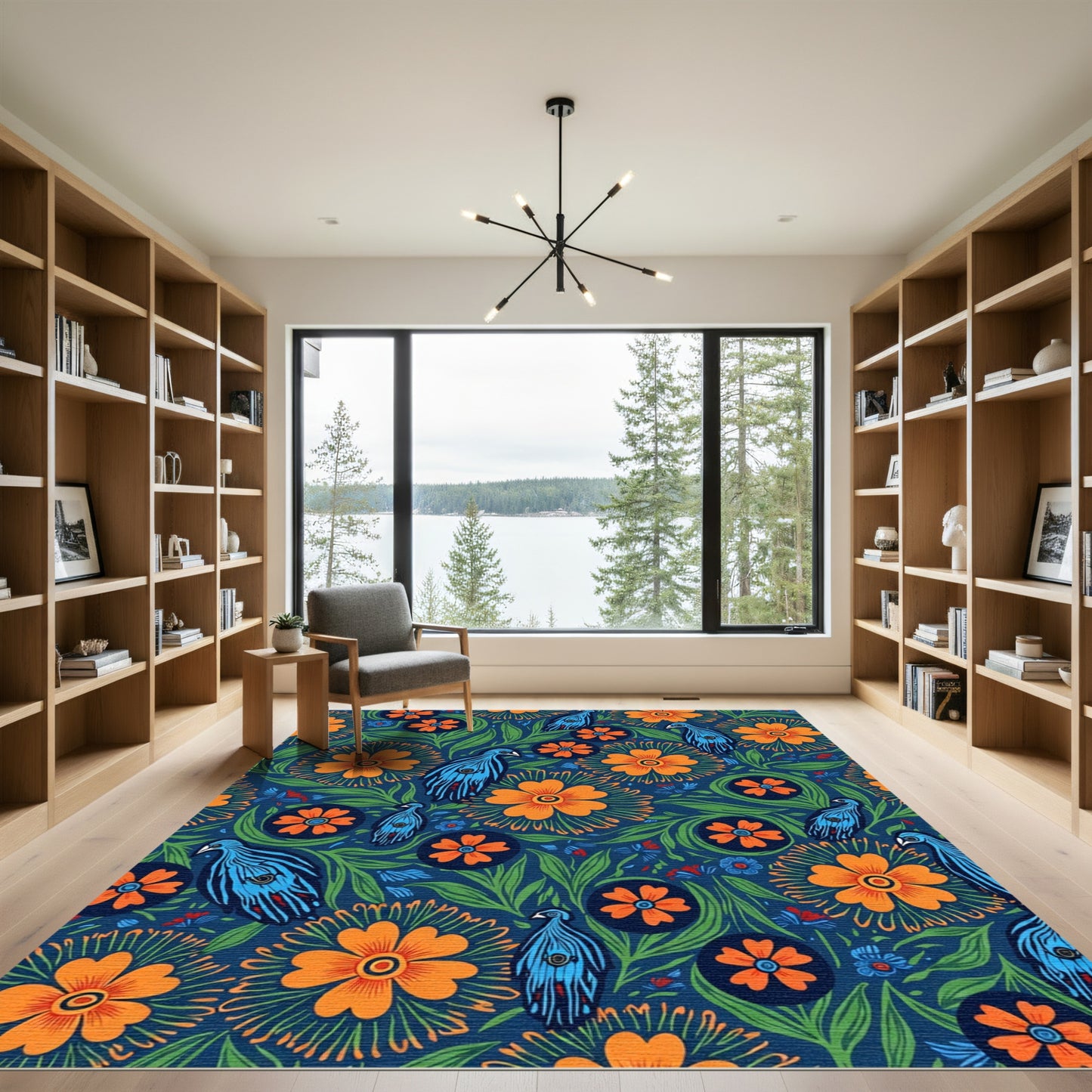 Vibrant Blue Birds Orange Floral Garden Rug