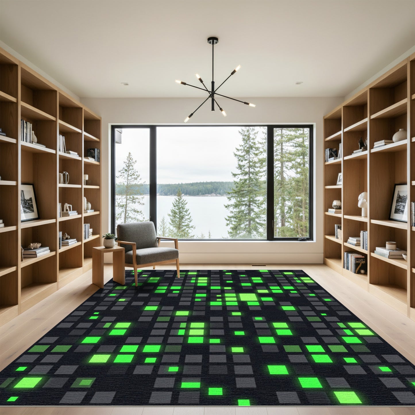 Electric Neon Green Gridded Digital Square Rug