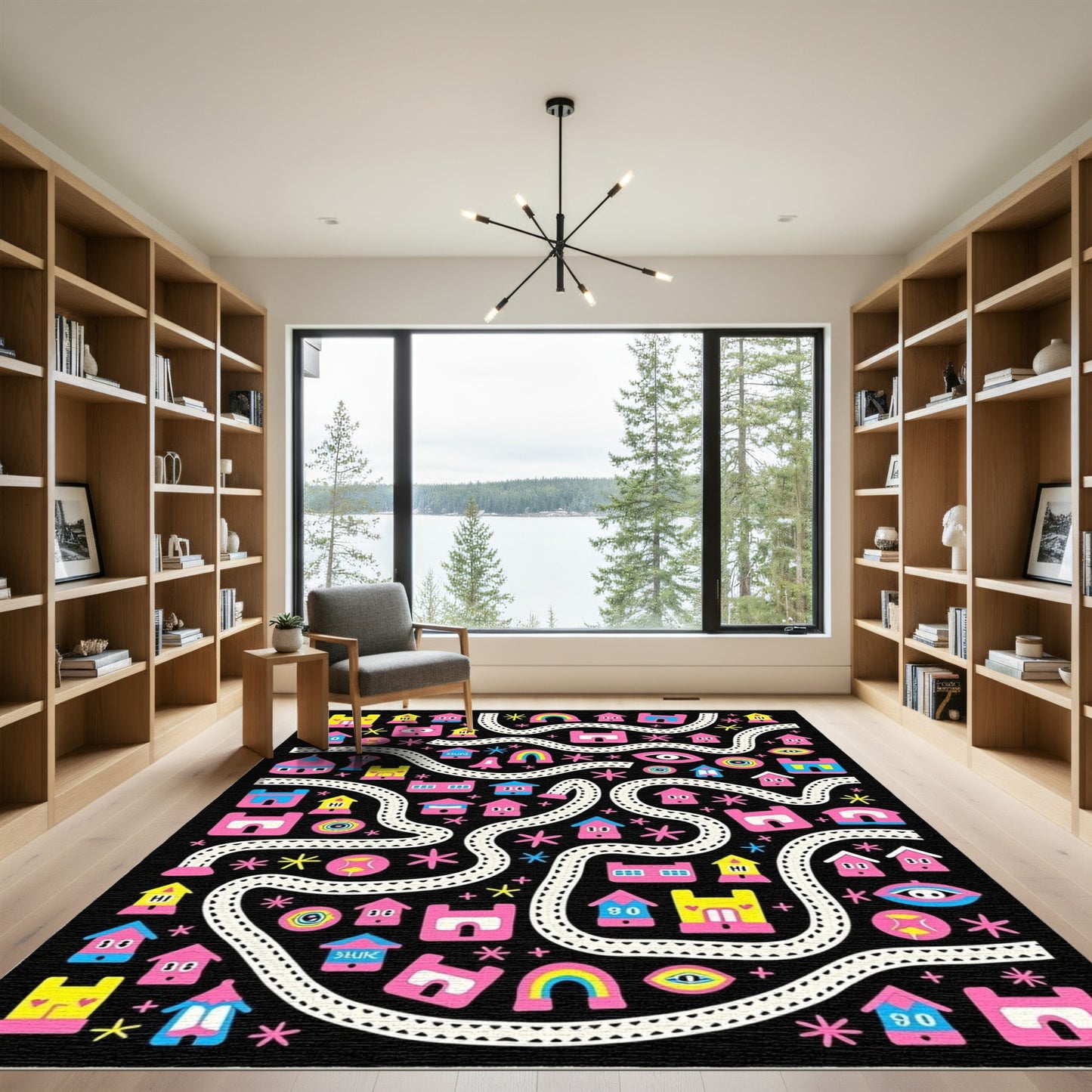 Pink Yellow Houses Rainbow Eye Black Rug