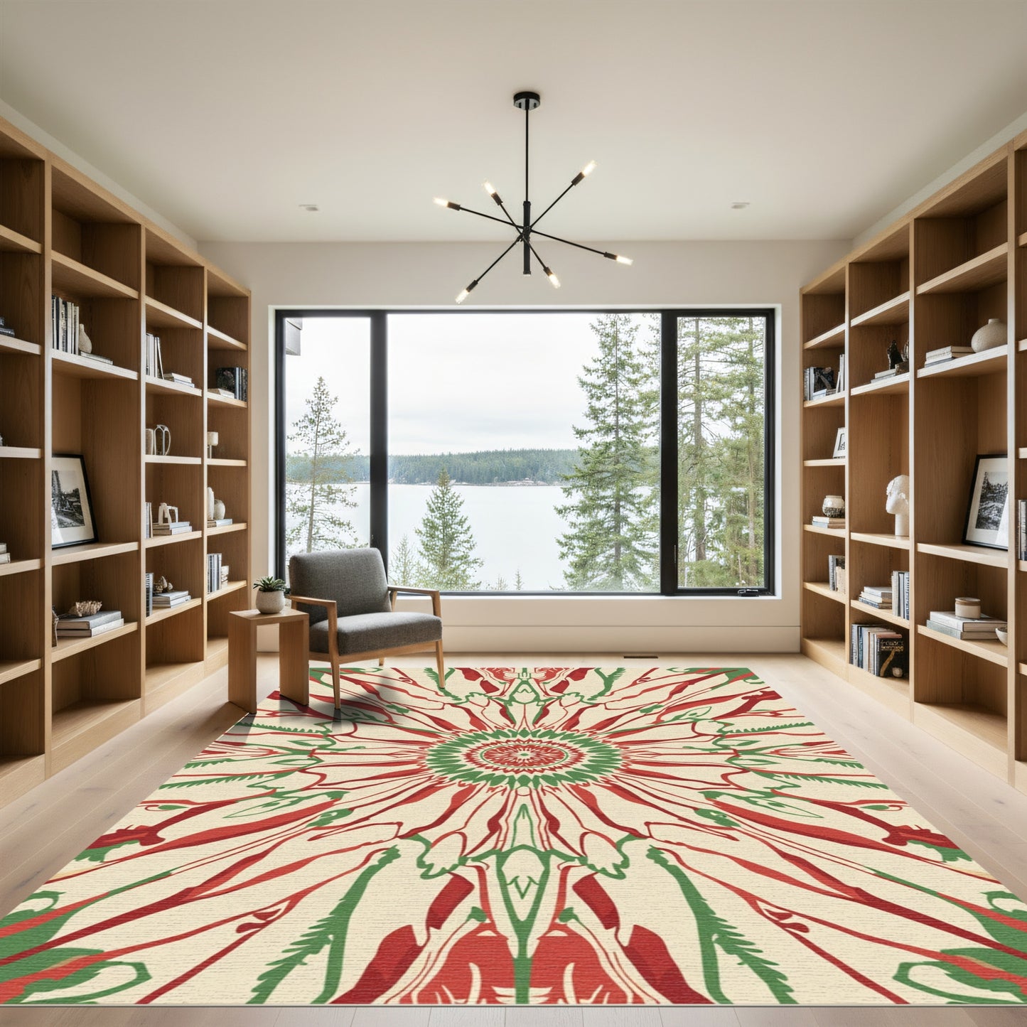 Crimson Green Sunburst Abstract Rug