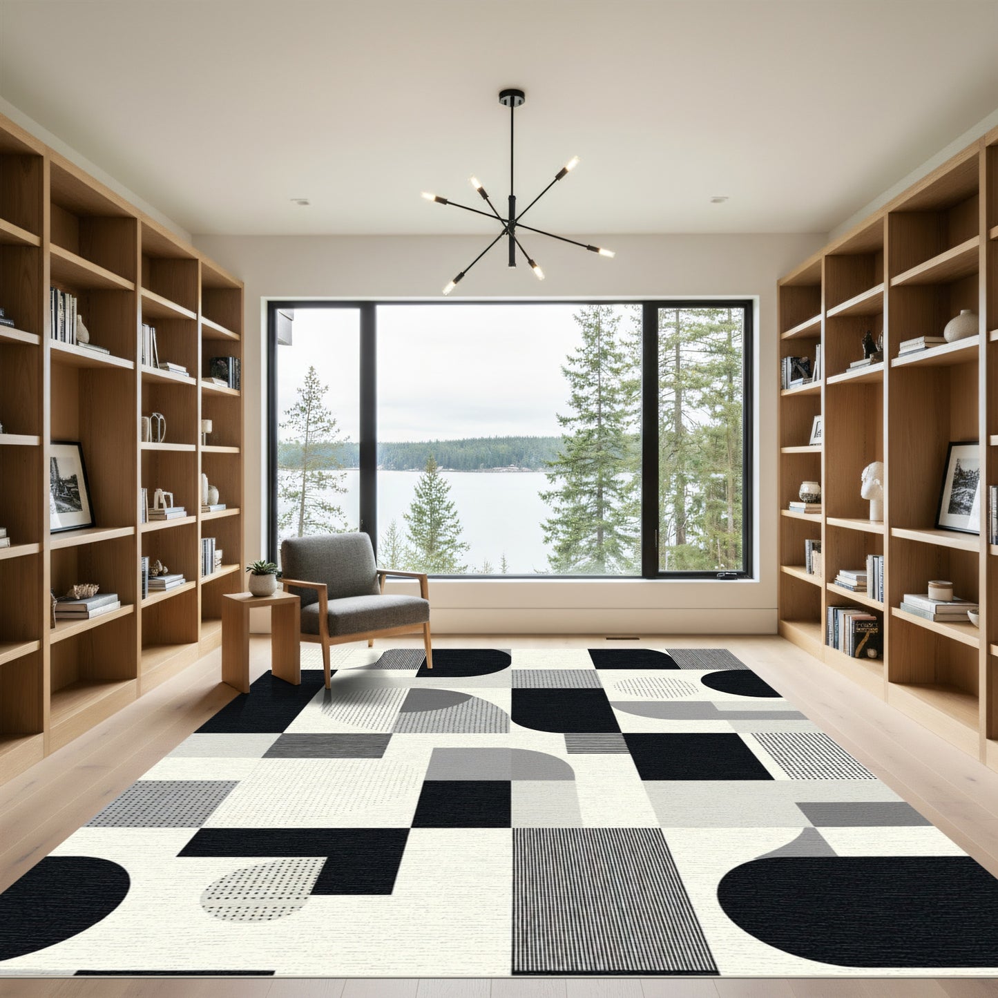 Monochrome Geometric Shapes Mid Century Rug