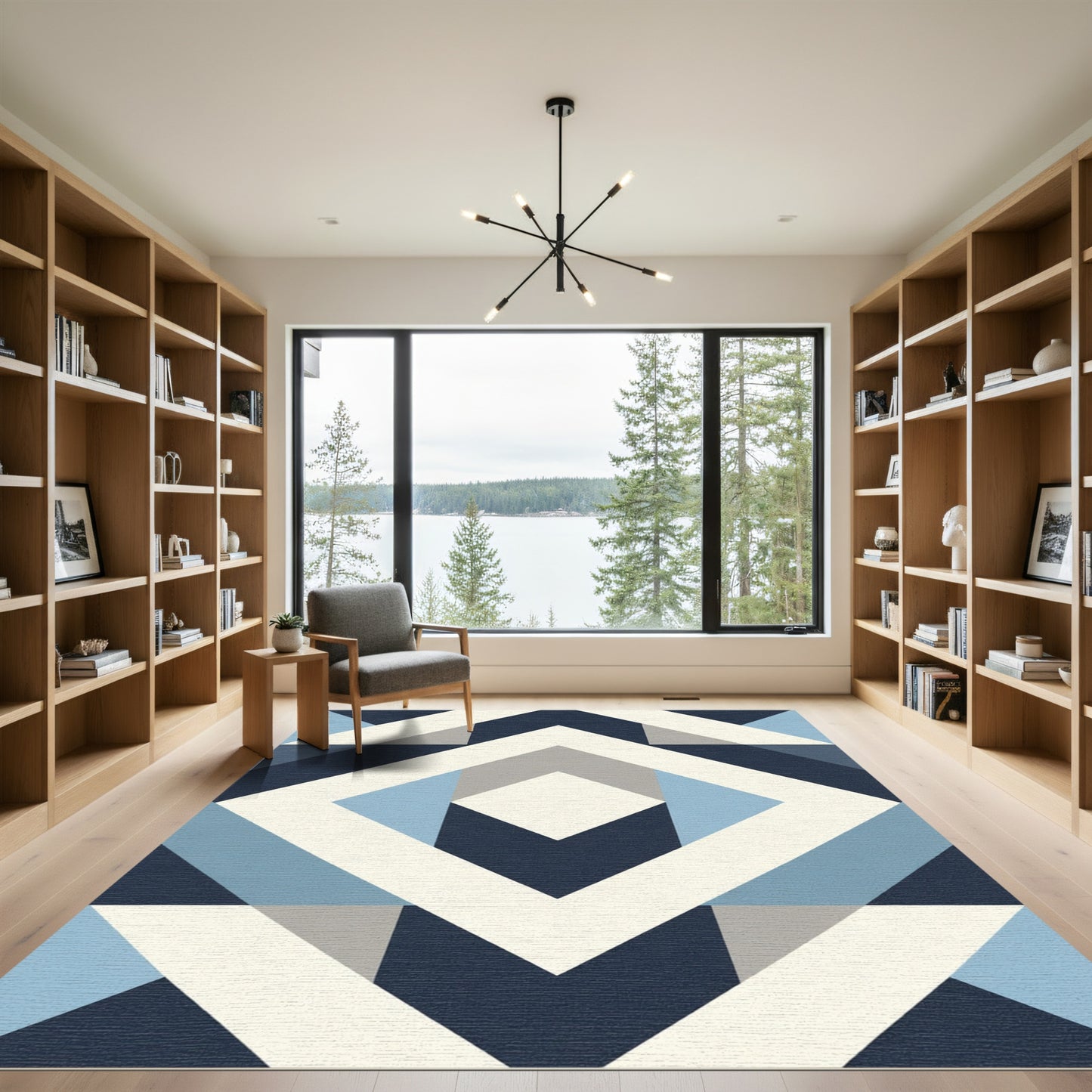Modern Blue Gray Geometric Diamond Rug