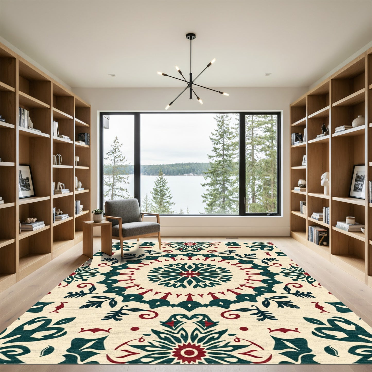 Cream Red Teal Folk Medallion Rug