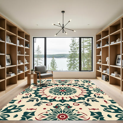 Cream Red Teal Folk Medallion Rug