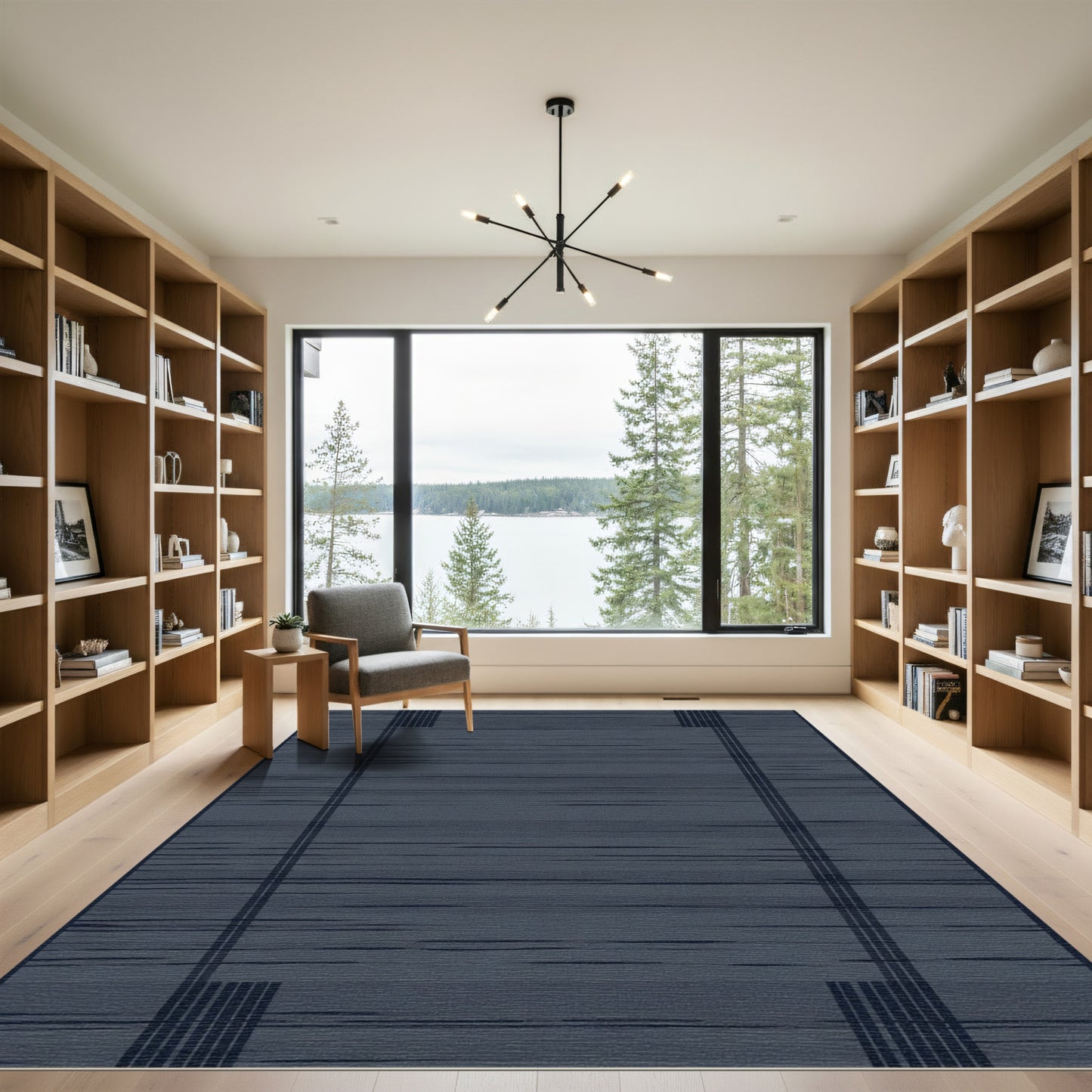 Deep Blue Faint Lined Abstract Rug