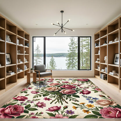 Romantic Pink Rose Garden Bouquet Rug