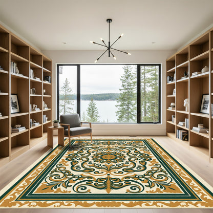 Classic Gold Deep Green Floral Medallion Rug