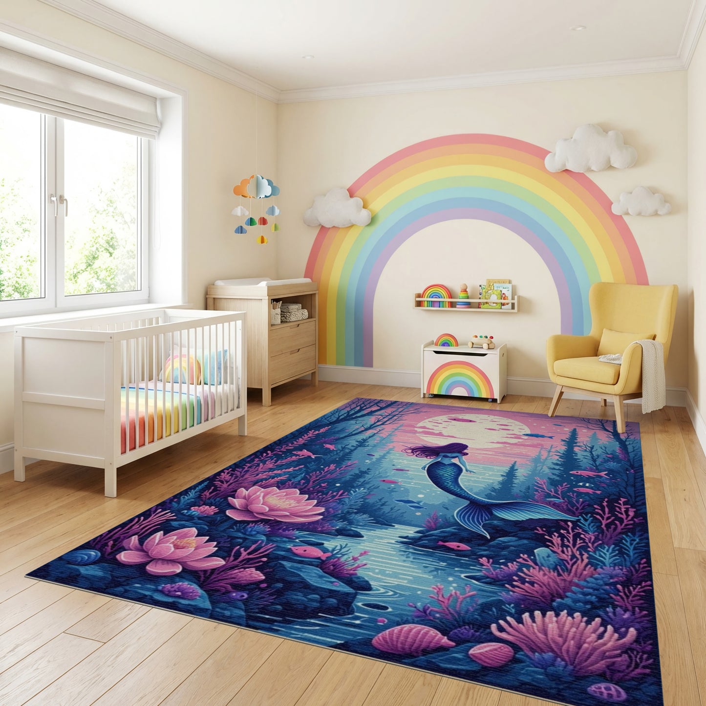 Mystical Mermaid Moonlit Lotus Forest Rug