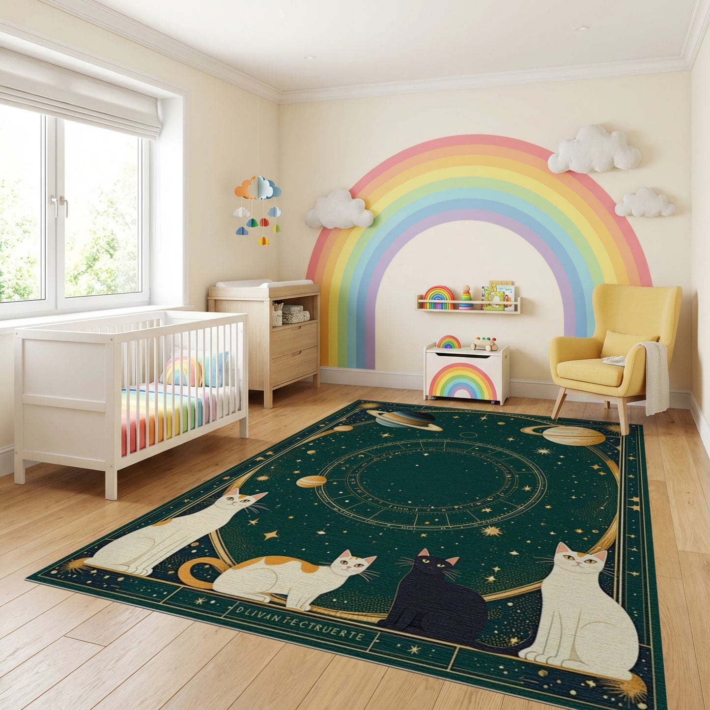 Dark Green Cosmic Cats Zodiac Rug