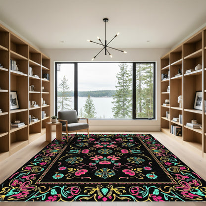 Vibrant Neon Floral Bordered Garden Rug