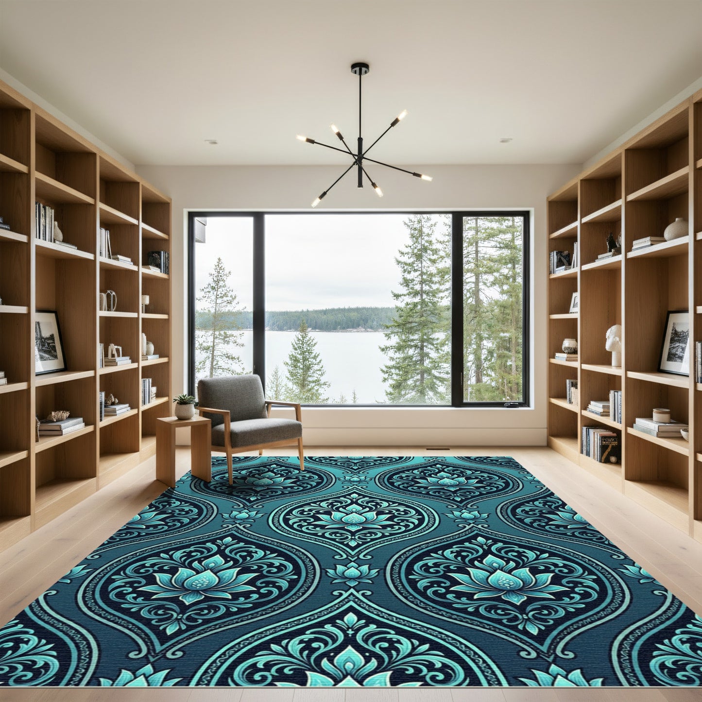 Aqua Blue Floral Damask Scroll Rug