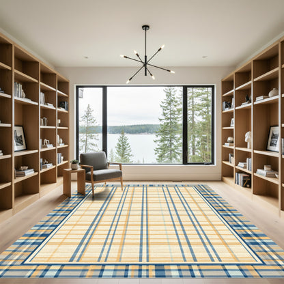 Navy Blue Ochre Plaid Frame Rug