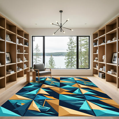 Geometric Abstract Nautical Sailboat Blue Gold Rug