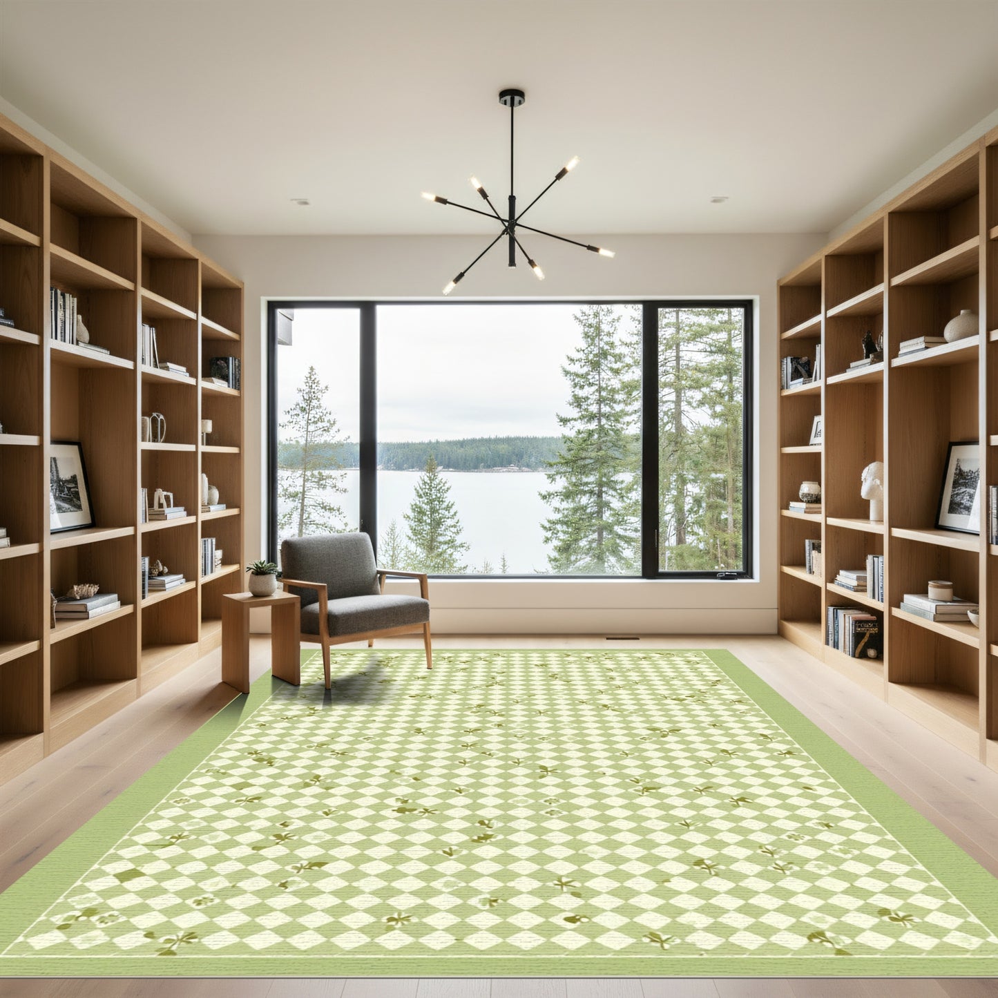 Soft Green Checkerboard Floral Sprig Rug
