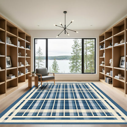 Contemporary Blue Cream Plaid Grid Rug