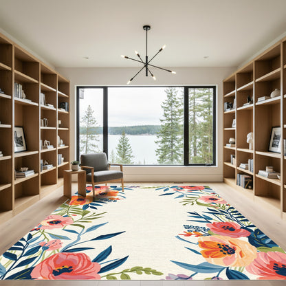 Vibrant Coral Peach Floral Foliage Rug