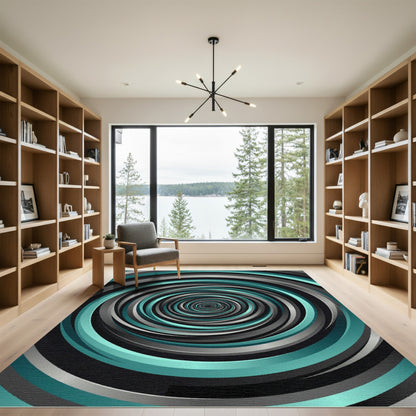 Modern Teal and Charcoal Vortex Swirl Rug