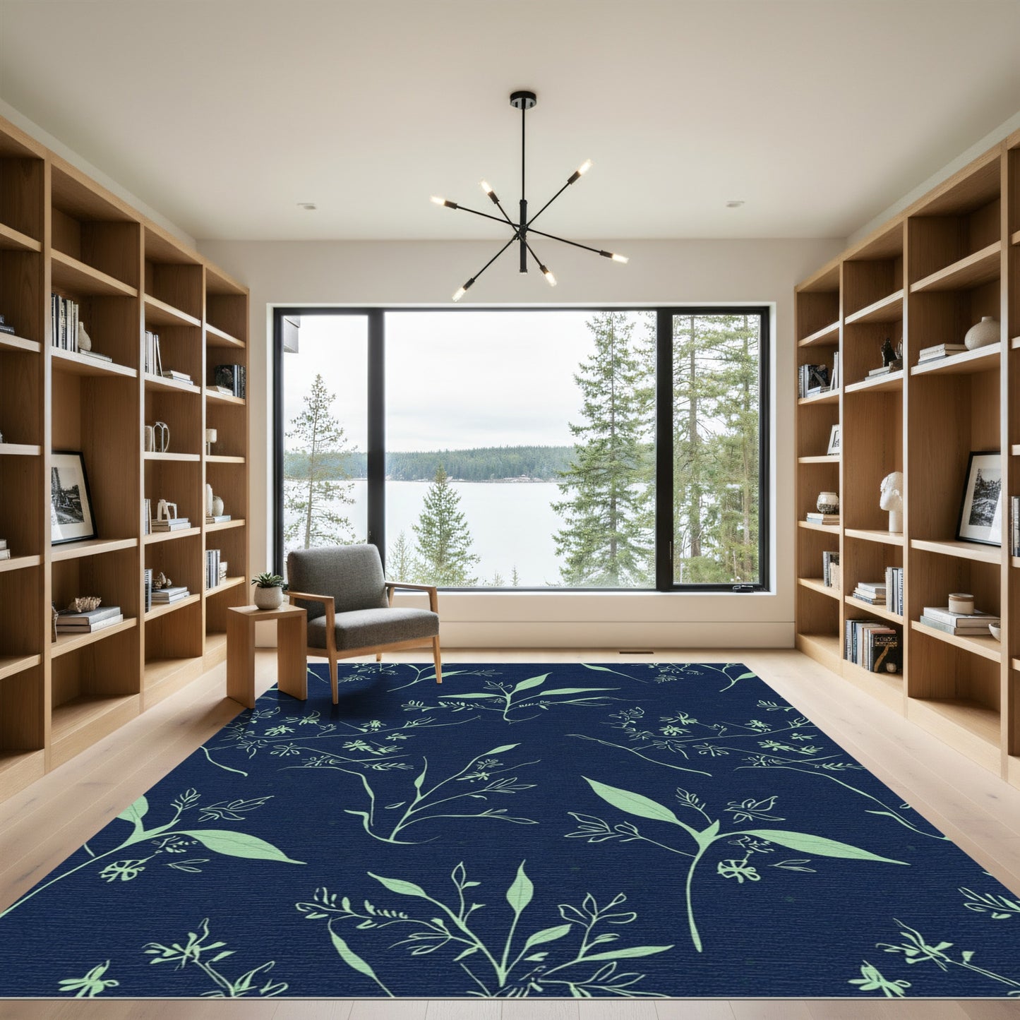 Green Botanical Branch Dark Blue Background Rug