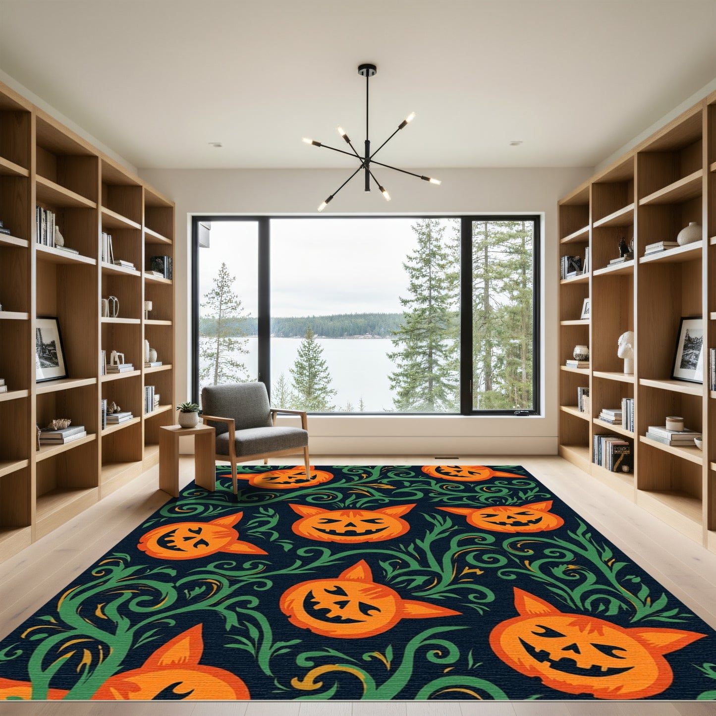 Orange Smiling Cat Pumpkin Vine Rug