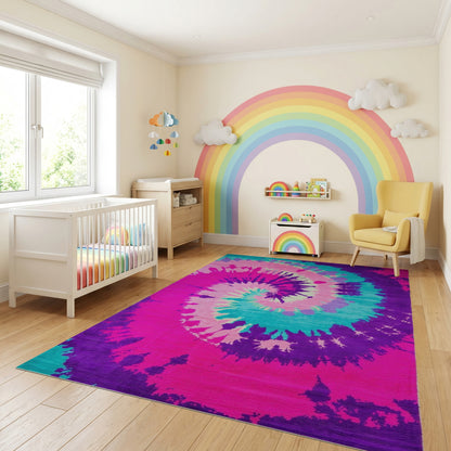 Pink Purple Teal Spiral Tie Dye Rug