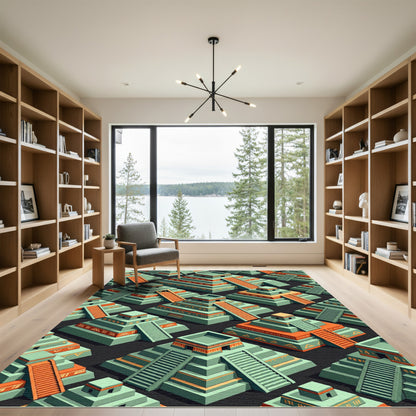 Green Orange stepped temple tessellation Rug