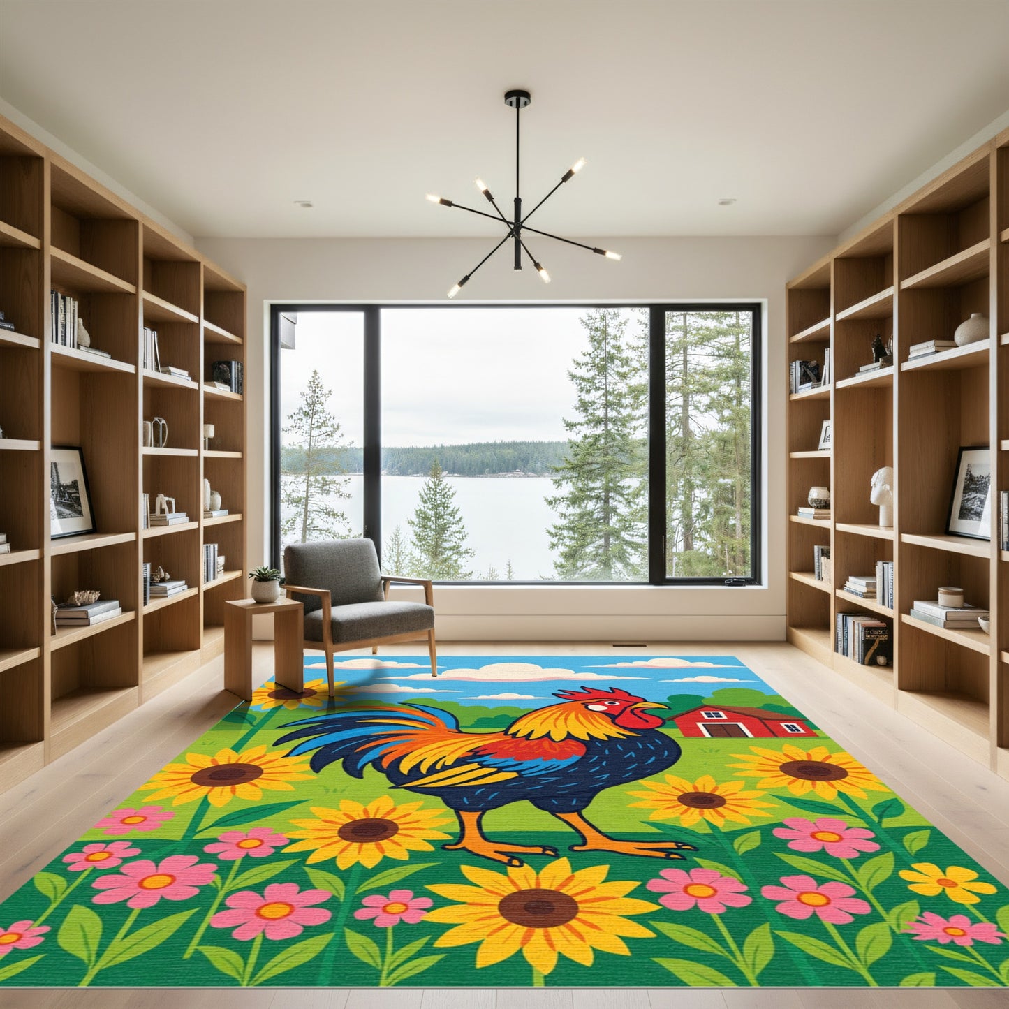 Farmyard Rooster Sunflower Meadow Rug
