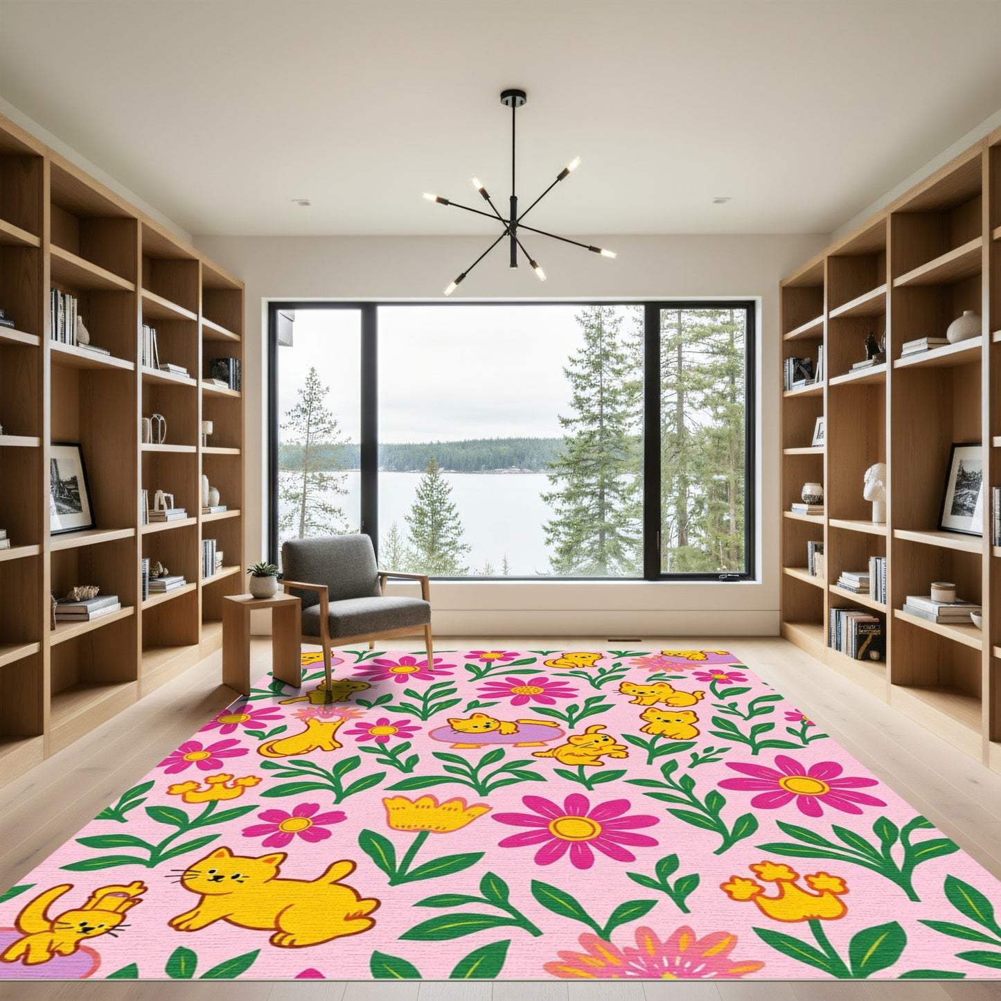 Whimsical Yellow Cats Pink Floral Arrangement Rug