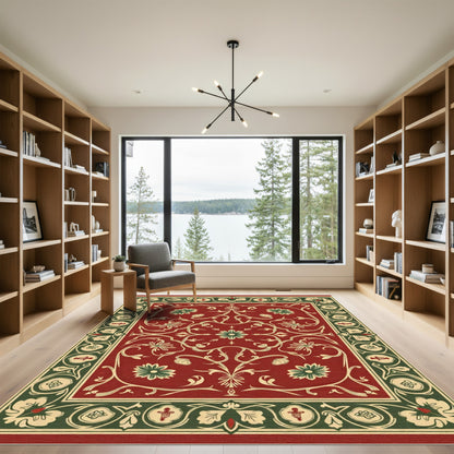 Vibrant Red Floral Scroll Border Rug