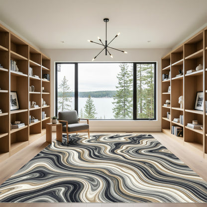 Flowing Charcoal and Gold Marble Wave Rug