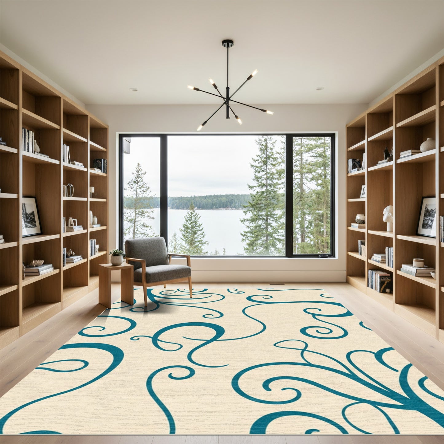 Teal Swirl Ivory Serpentine Scrolls Rug