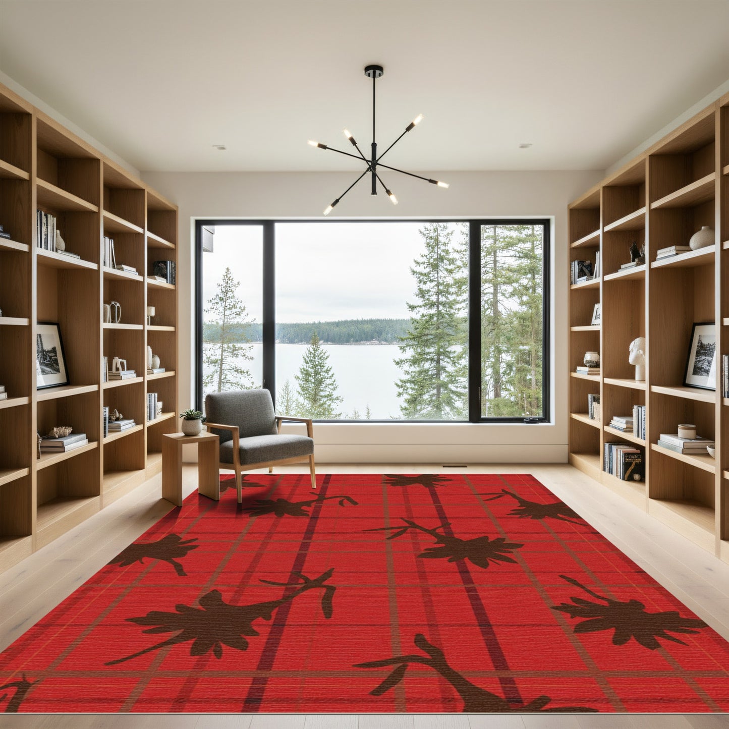 Red Plaid Floral Silhouette Rug