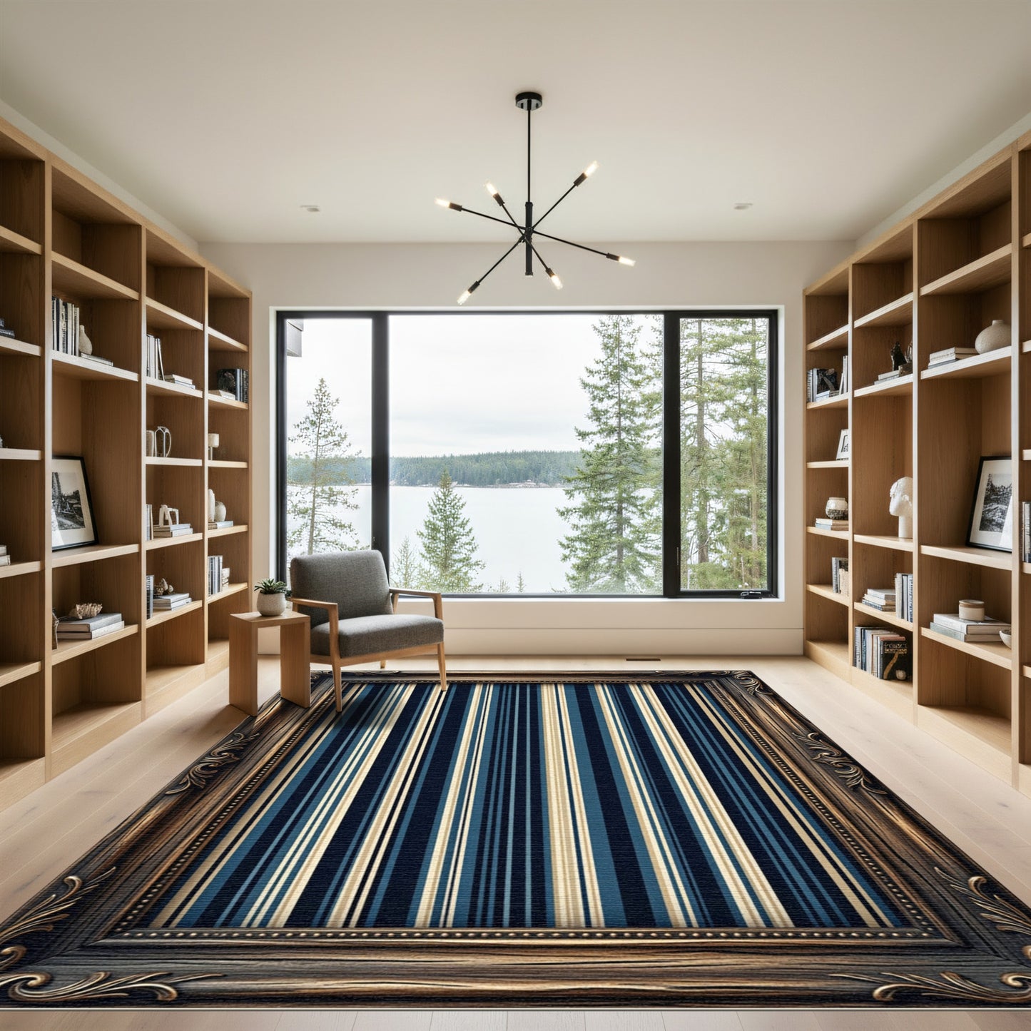 Classic Blue Cream Striped Composition Rug