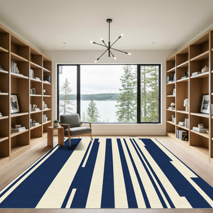 Deep Blue White Vertical Stripe Rug