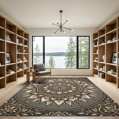 Elegant Antiqued Gold Floral Mandala Rug