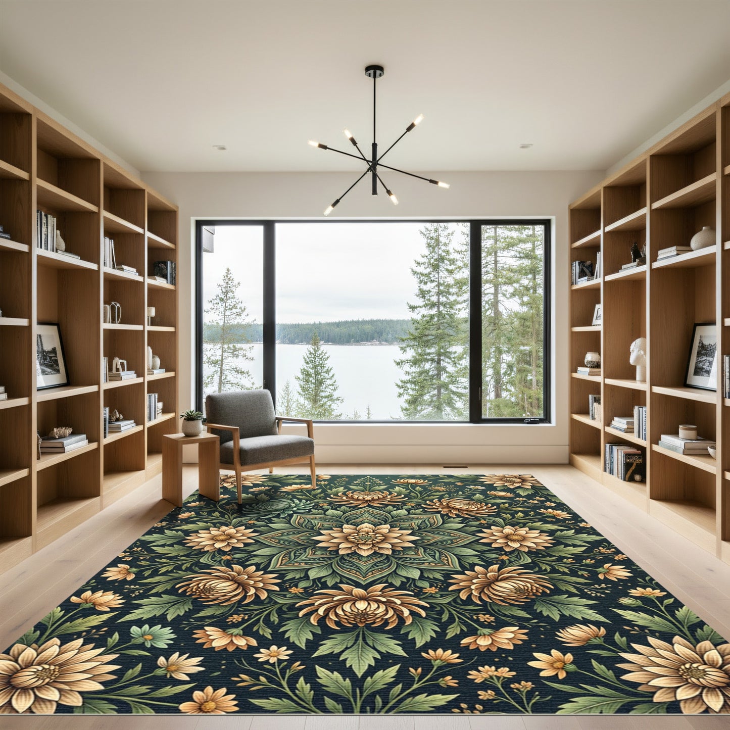 Sage Green Golden Chrysanthemum Floral Medallion Rug