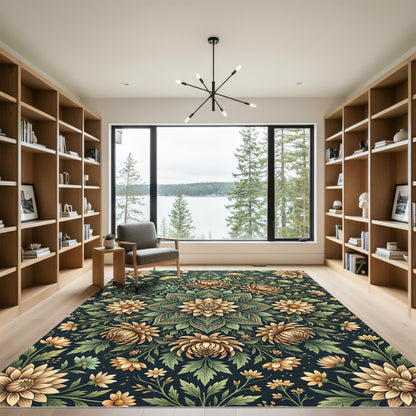 Sage Green Golden Chrysanthemum Floral Medallion Rug