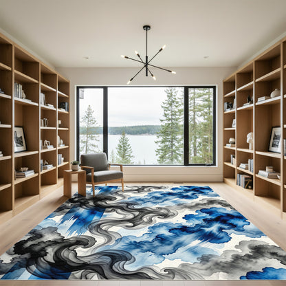 Dynamic Blue Smoke Swirls Rug