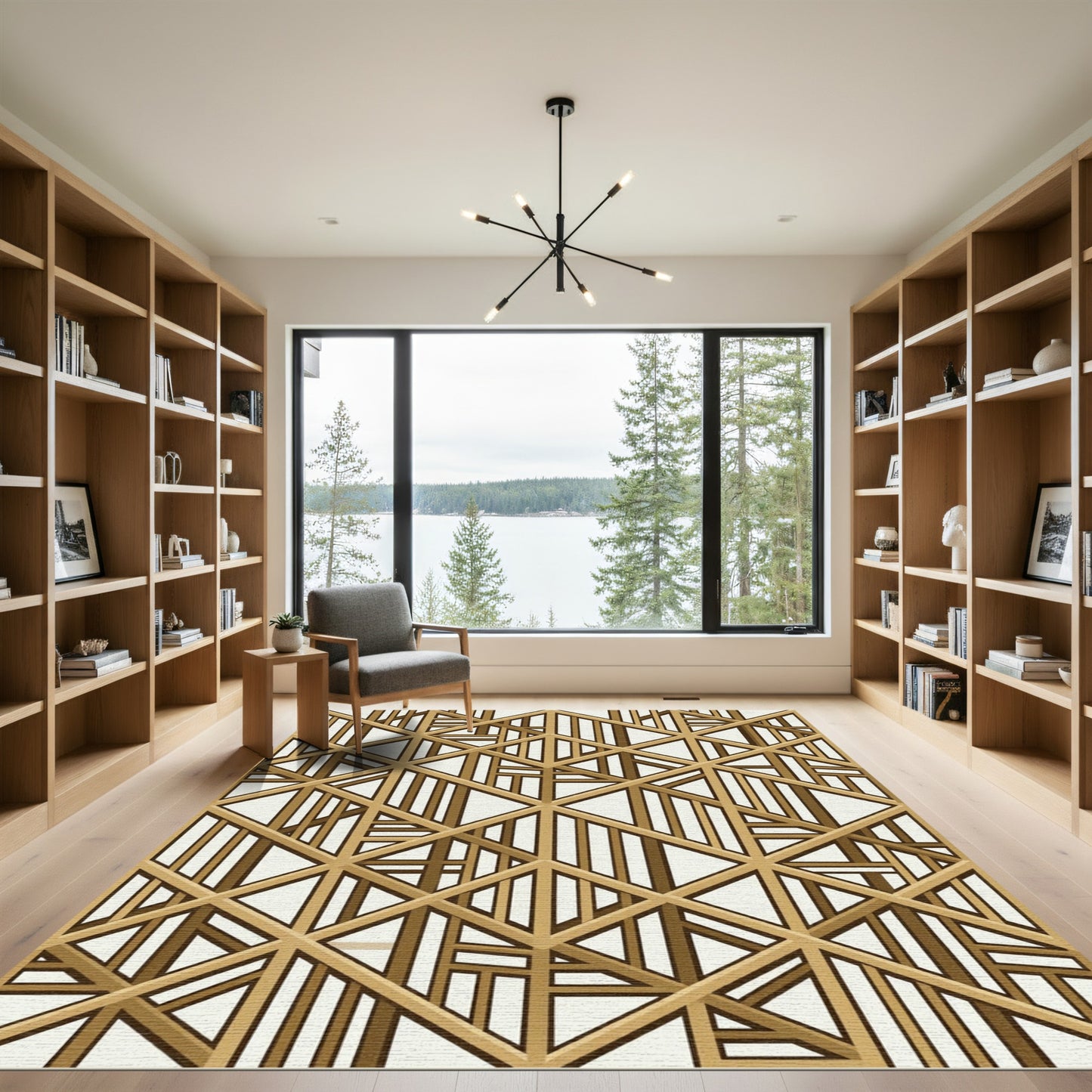 Modern Golden Geometric Lattice Grid Rug